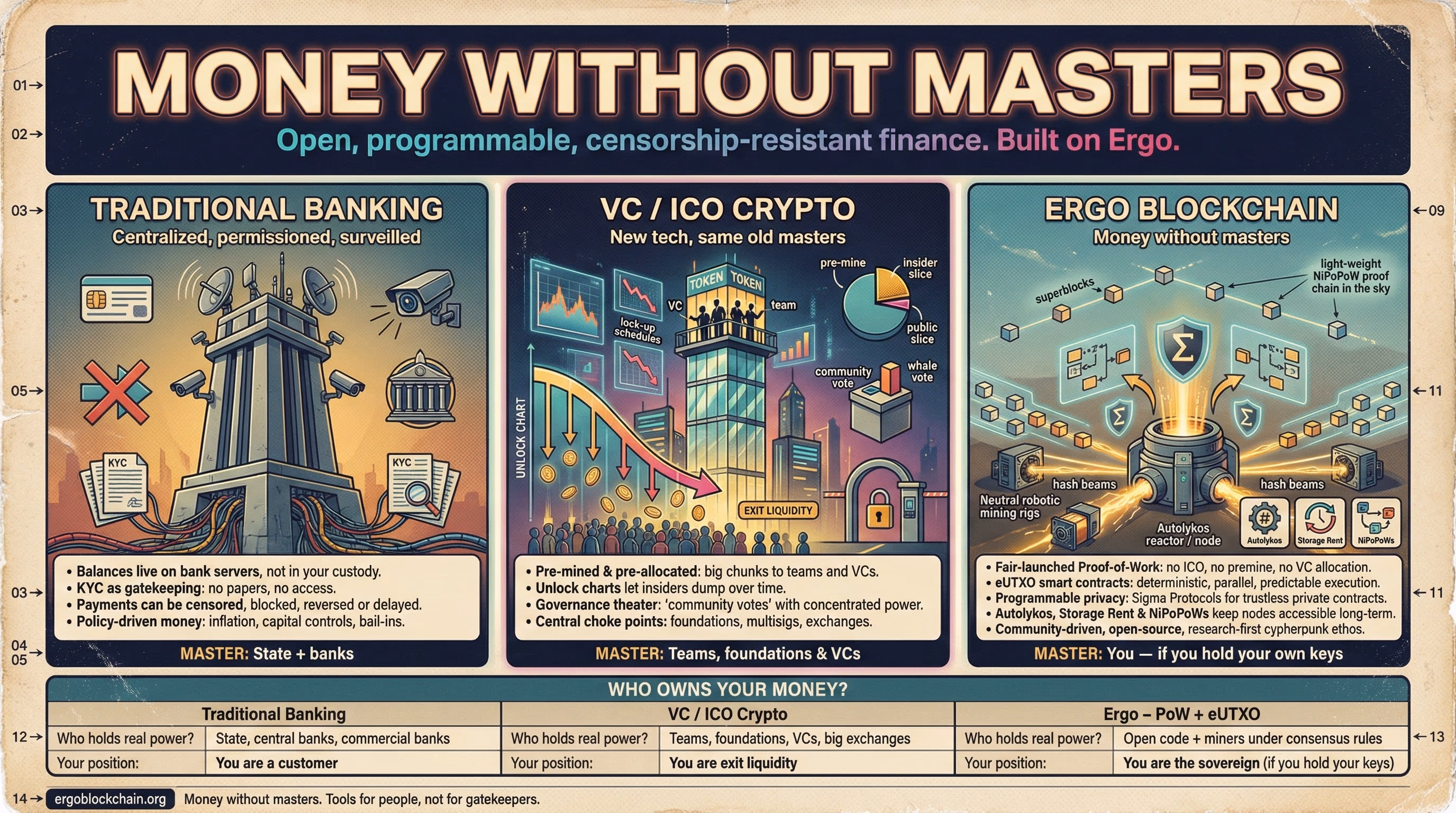 Infographic titled Money Without Masters comparing traditional banking and VC/ICO crypto to the Ergo blockchain in terms of control, censorship and who really owns your money.